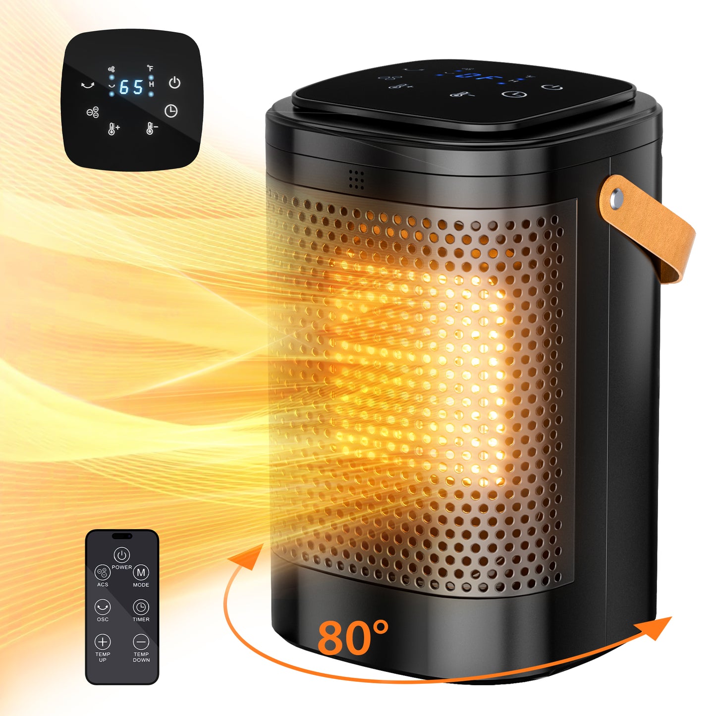 Space Heater Indoor, 1500W Upgraded PTC Ceramic Heaters for Bedroom, Electric Heater with Remote, Thermostat, 80°Oscillation, 12h Timer, Safety Heater for Room Home Office